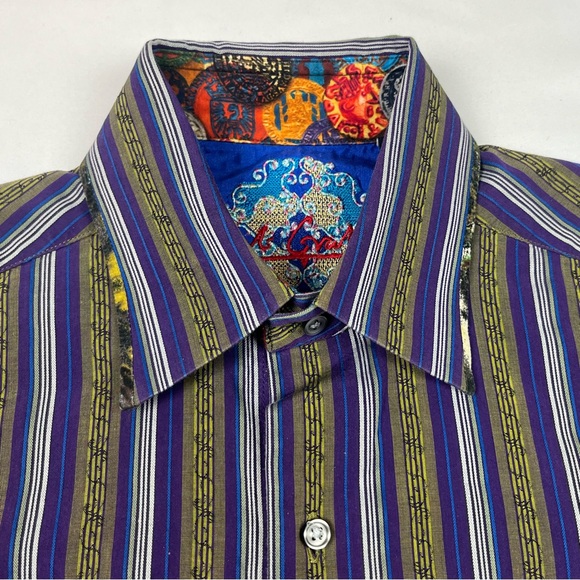 Robert Graham Mens Button Up Shirt Sz Small Flip Cuff Striped Purple C3 - Picture 5 of 9